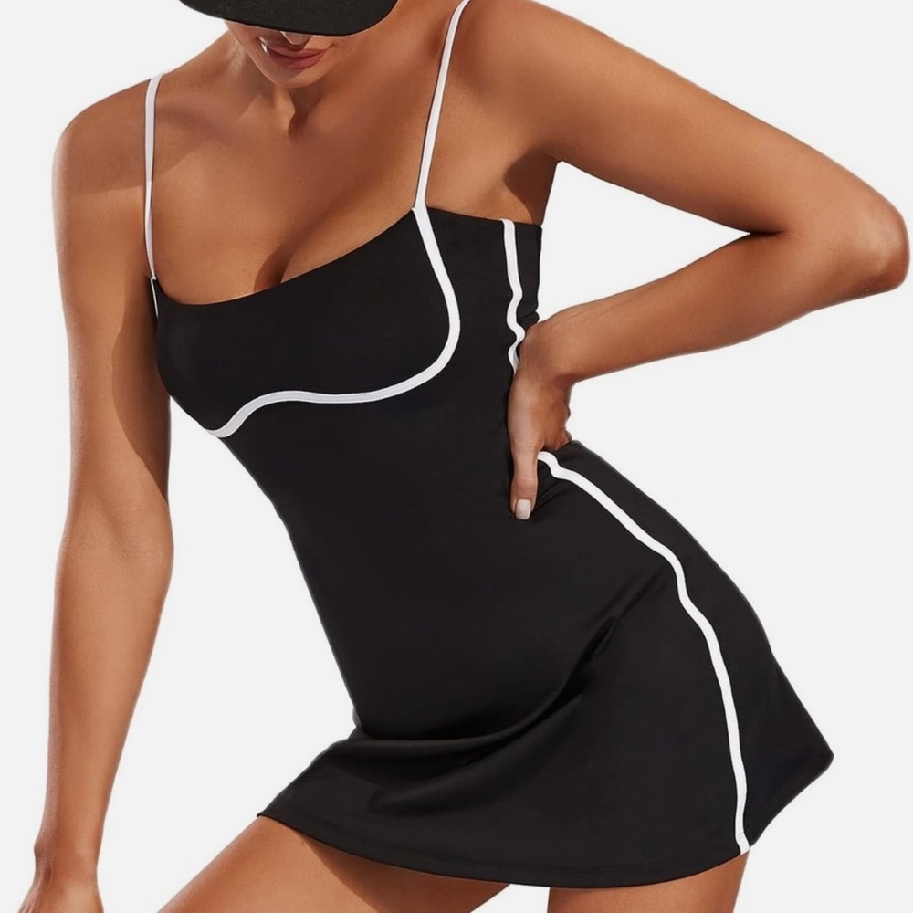 Move With You Workout Tennis Dress with Built-in Bra shorts black white
